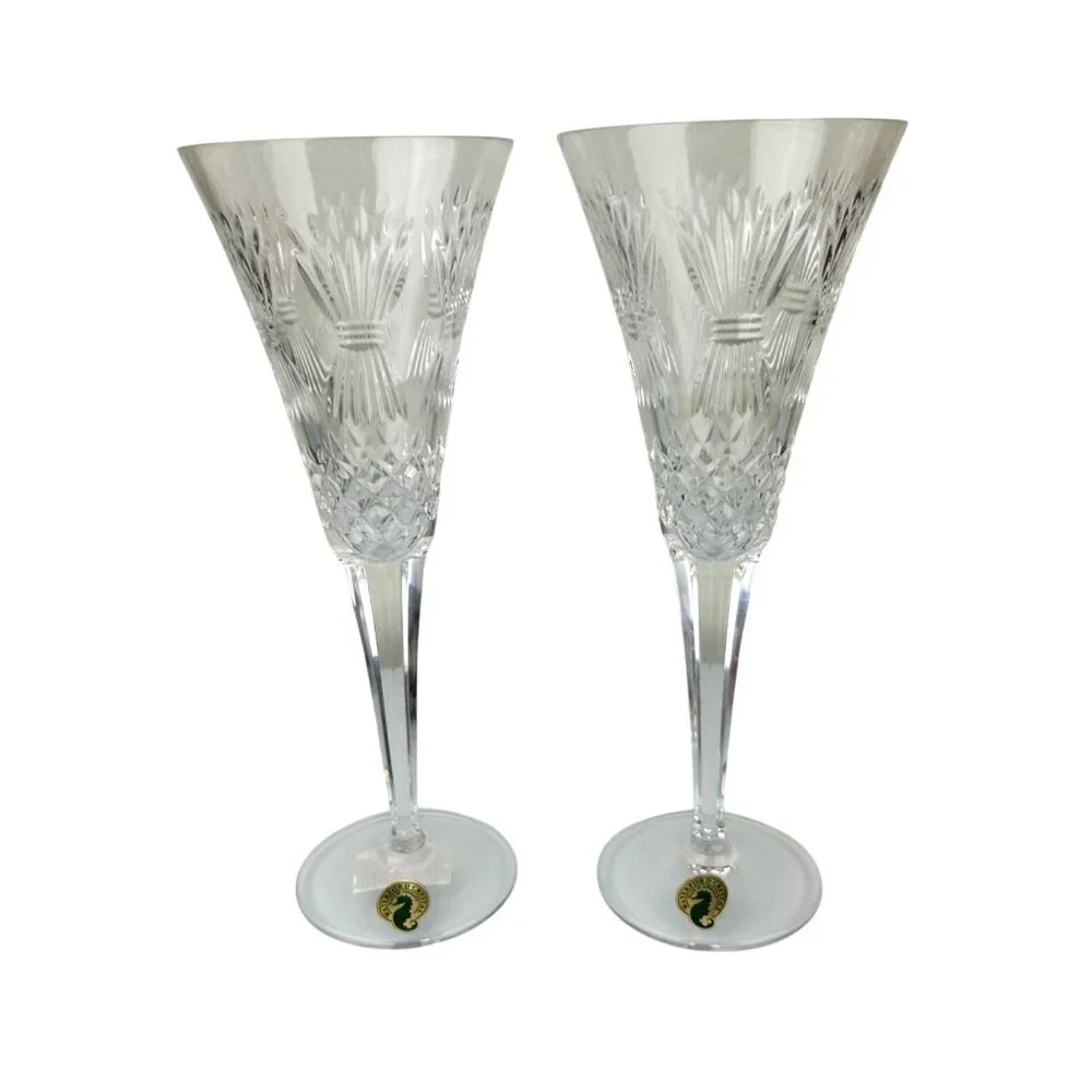 2 Waterford Crystal Millennium Wheat PROSPERITY Toasting Champagne Flutes 9.25" - Picture 1 of 16